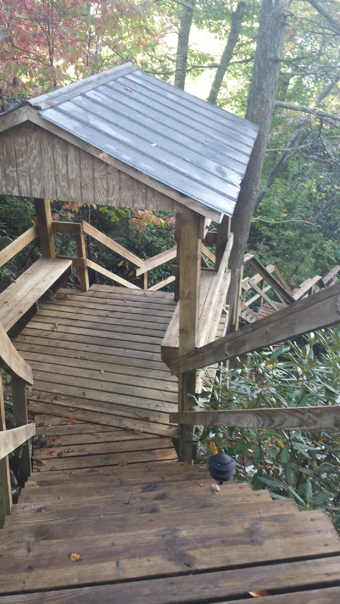 Metal roofed shelter over wooden steps on a wooded walkway — Skylight Repair & Installation work by our crew in La Palma